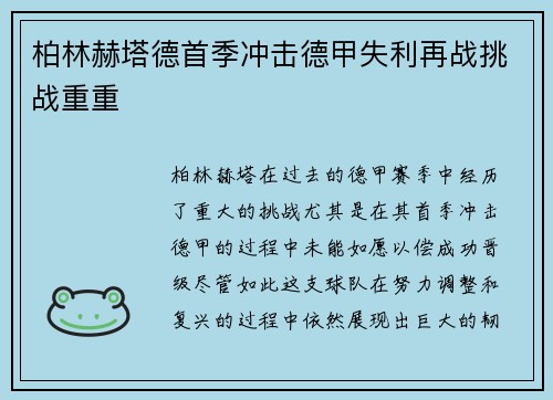 柏林赫塔德首季冲击德甲失利再战挑战重重 柏林赫塔德首季冲击德甲失利再战挑战重重