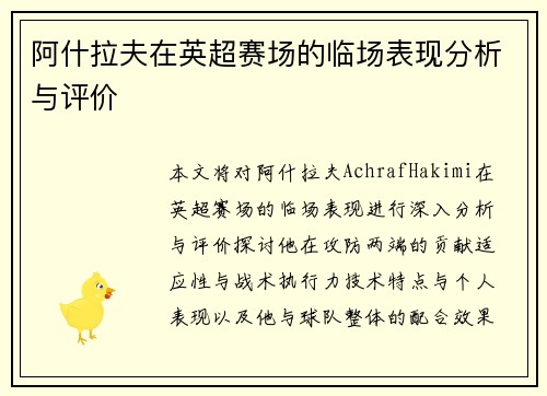 阿什拉夫在英超赛场的临场表现分析与评价